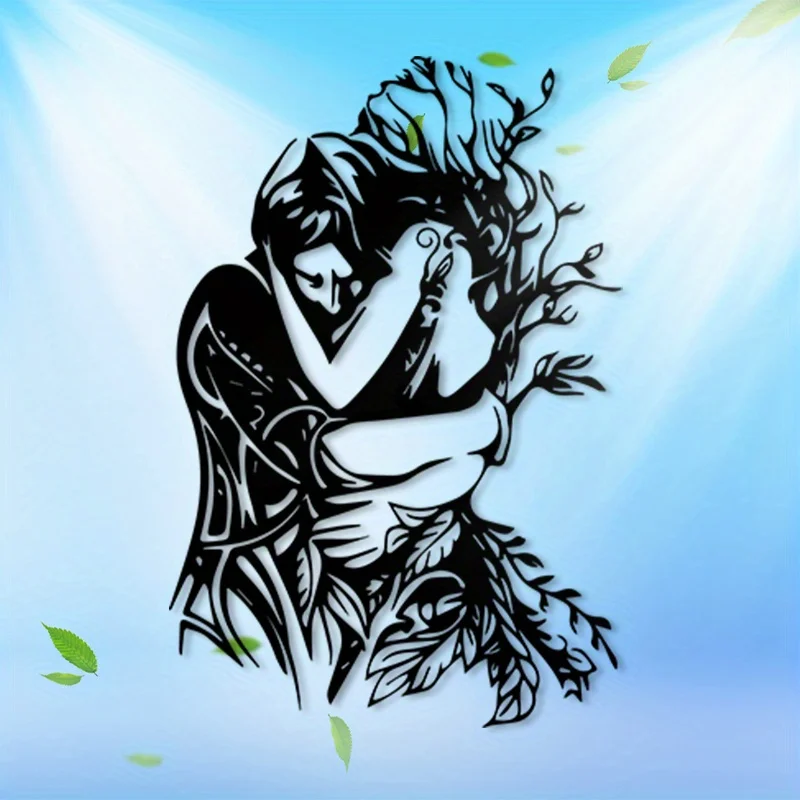 2D Flat, 1pc Romantic Couple Metal Wall Art - Elegant Embracing Figures with Nature Integration
