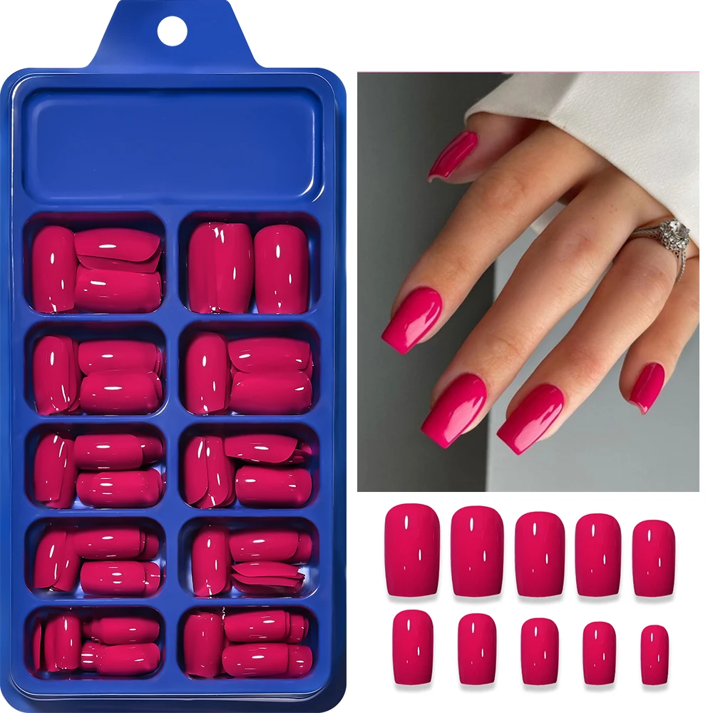 

120pcs Solid Rose Pink Square Press-On Gel Nails Full Cover Glossy Hot Rose Red Fake Nails Summer Sexy Pink Fasle Nails Manicure