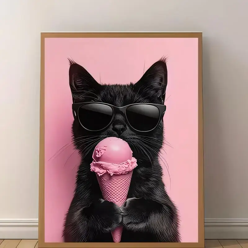 Cute Black Cat w/ Sunglasses & Pink Ice Cream Metal Tin Wall Art - 2D Pink Background, Trendy Home Decor, Metal, Perfect for Kid