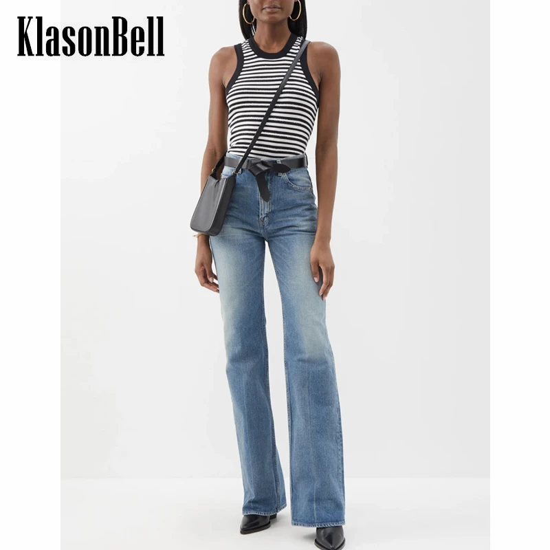 6.2 KlasonBell Vintage Washed Distressed High Waist Straight Flared Jeans Women Without Belt