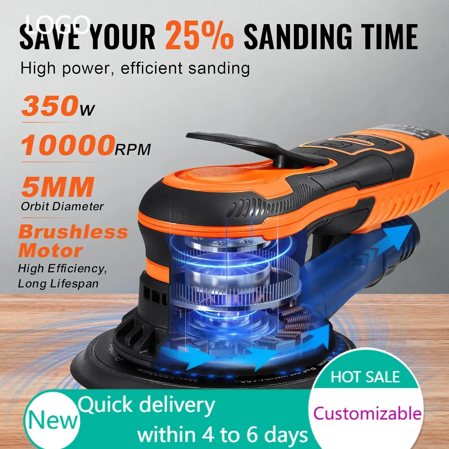 Random Orbital Sander 6-Inch, 350W Brushless Orbital Sander, 10,000 PRM 6 Variable Speed Electric Palm Sander