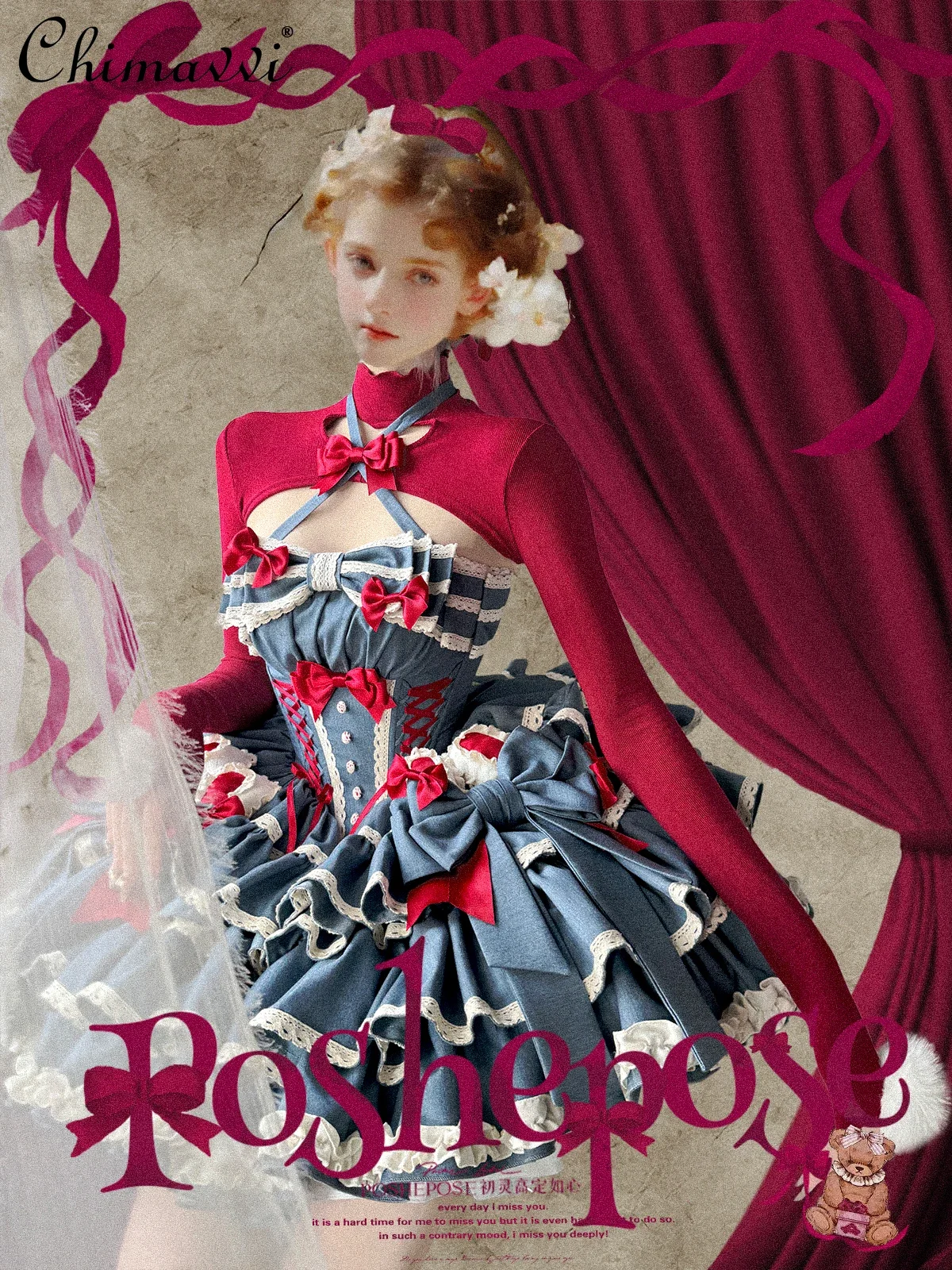 High-end Sweet Girl Lolita Dress 2025 Spring New Cute Bow Contrasting Color Lace Splicing Party Light Lo Elegant Dresses Women