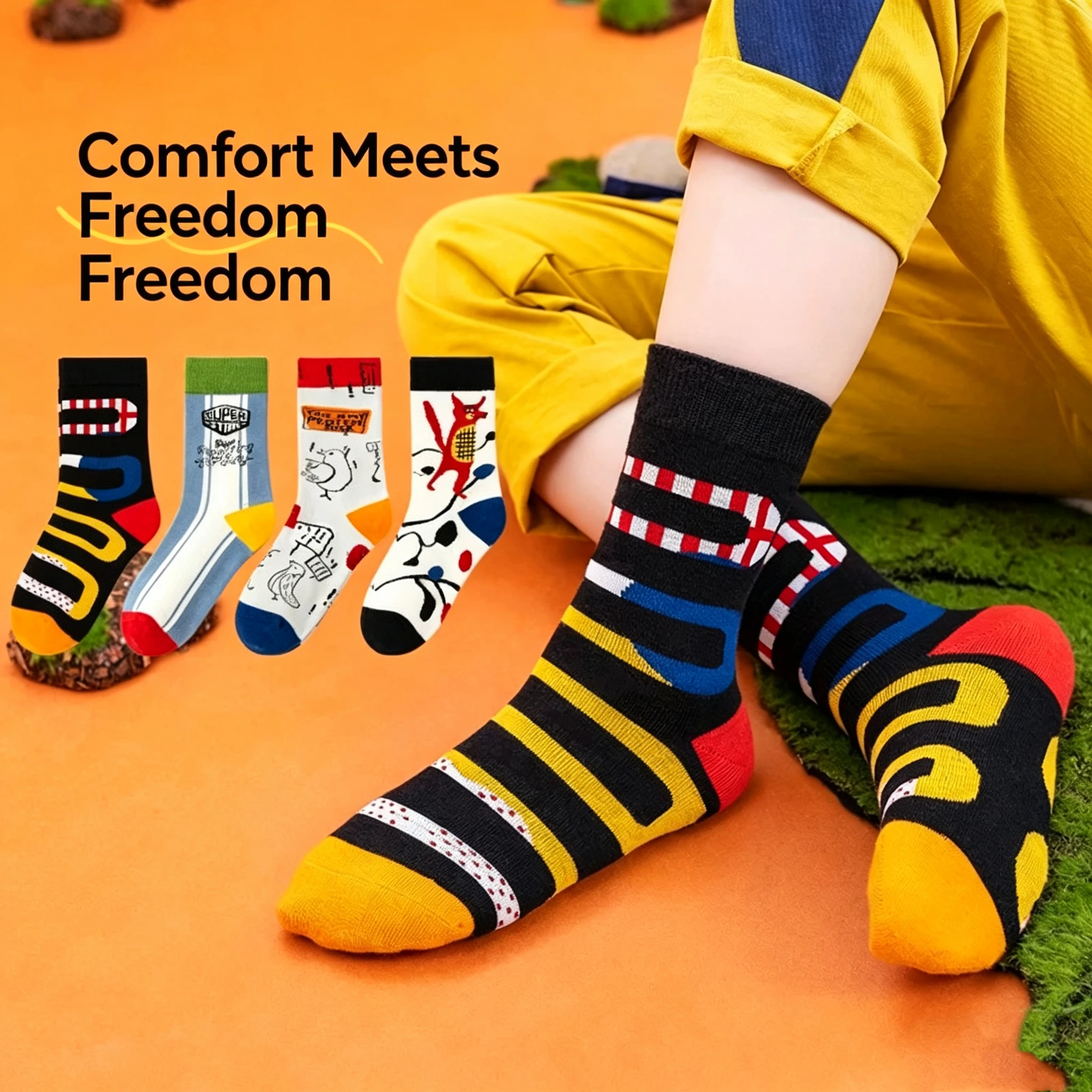 4 Pairs Kids Crew Socks Boys Girls Graffiti Cartoon Print Colorful Striped Mid‑Calf Socks Soft Breathable Street Style Children