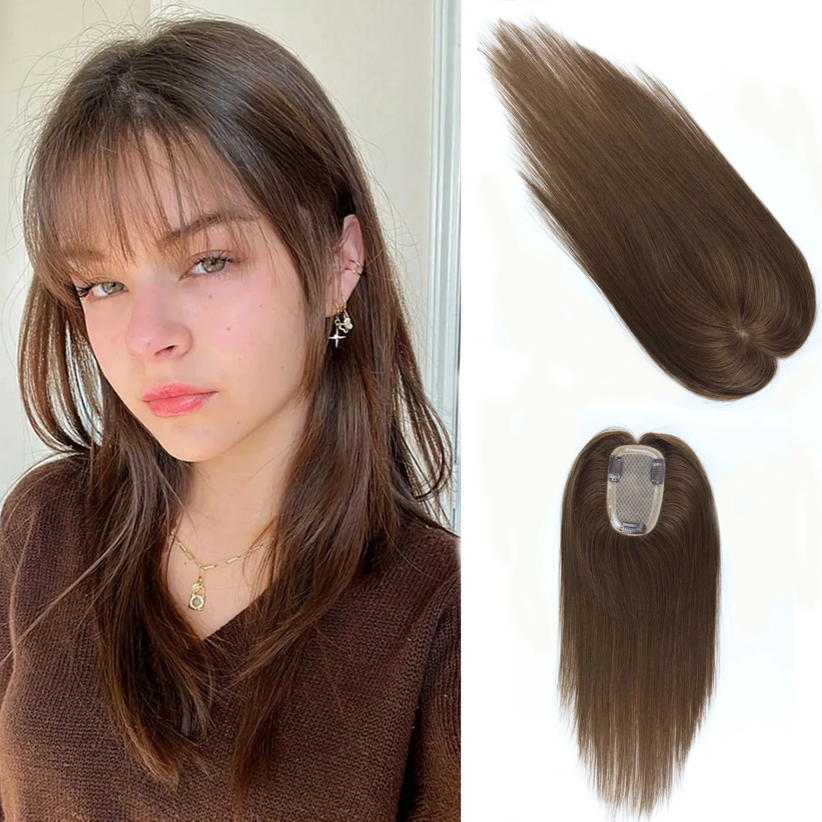 

# Накладка для волос из натуральных европейских волос, 4 коричневых оттенка, 8x12 см, с шелковой основой, полностью ручной работы, мягкая и дышащая, для женщин с выпадением волос.