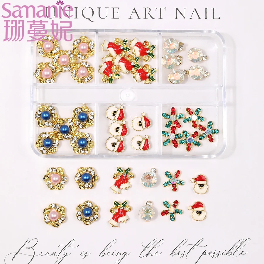 6 Grid Luxury Alloy Christmas Bell Santa Claus Nail Art Charms 3D Fashion Colorful Rhinestones Pearl Nails DIY Decoration Crafts