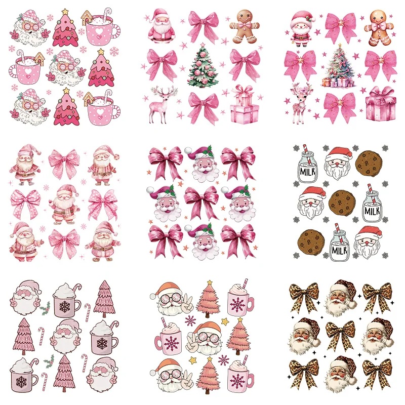 Christmas Bow Santa Claus Iron On Transfers For Clothing T-shirt Jacket Heat DTF Transfer Patches Thermal Heat Stickers