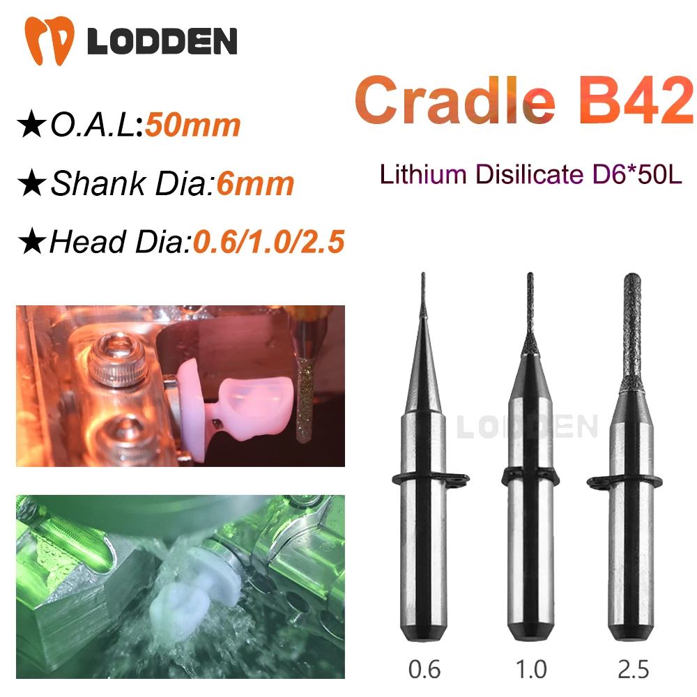 

Cradle B42 Dental Milling Burs Grinding Lithium Disilicate/Metal D6 Shank 50mm Length 0.6/1.0/2.5 Dental Grinding Tool