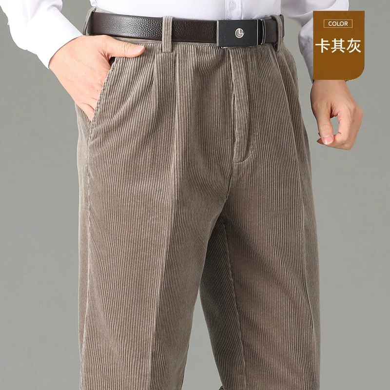 

Зимние вельветовые брюки с высокой талией и двойными складками, мужские прямые свободные брюки из 100% хлопка, осенние повседневные мужские брюки, размер 44, 46, 48 50