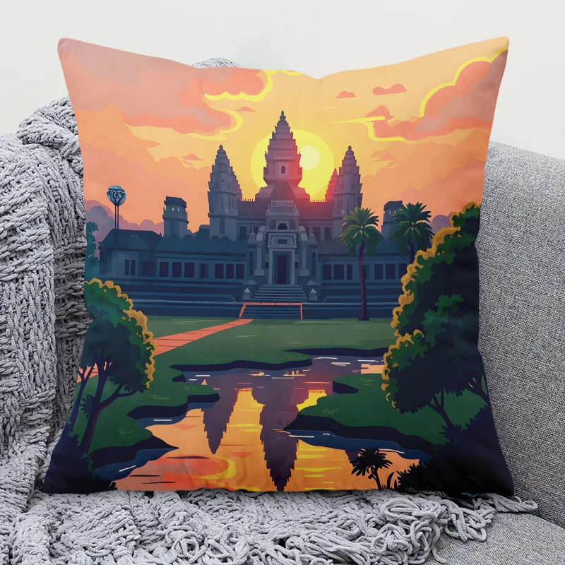 Angkor Wat Sunrise Pillow Cover Vibrant Temple Landscape Art Print 18x18 Inch Square Modern Home Decor