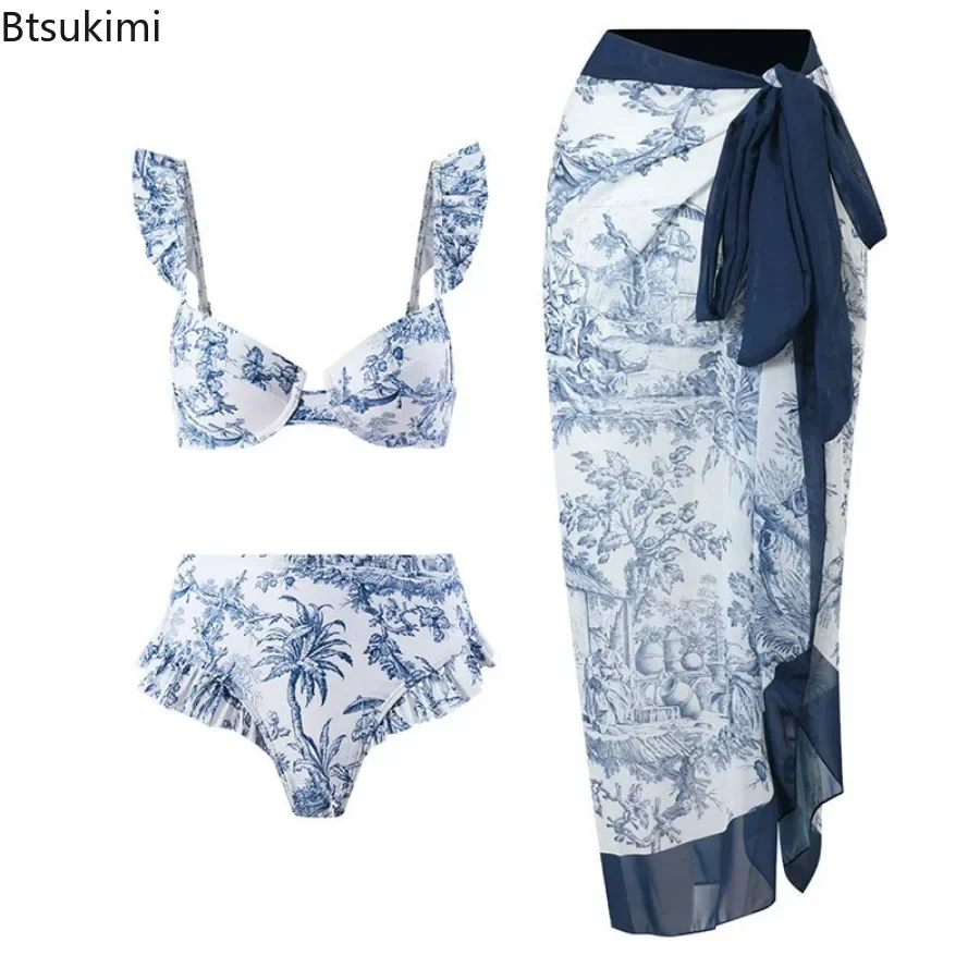2025 New Arrivals Women's Bikini Sets Floral Printed Ruffle Bikinis Strappy Bandage Swimwear Boho Style Ladies Sexy Bathing Suit