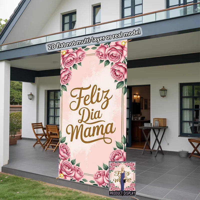 2D-Dekoration, 1 Banner auf Spanisch und Englisch mit der Aufschrift „Happy Mother's Day“ – Vorhang mit rosa Rosen und Blättern für die Tür