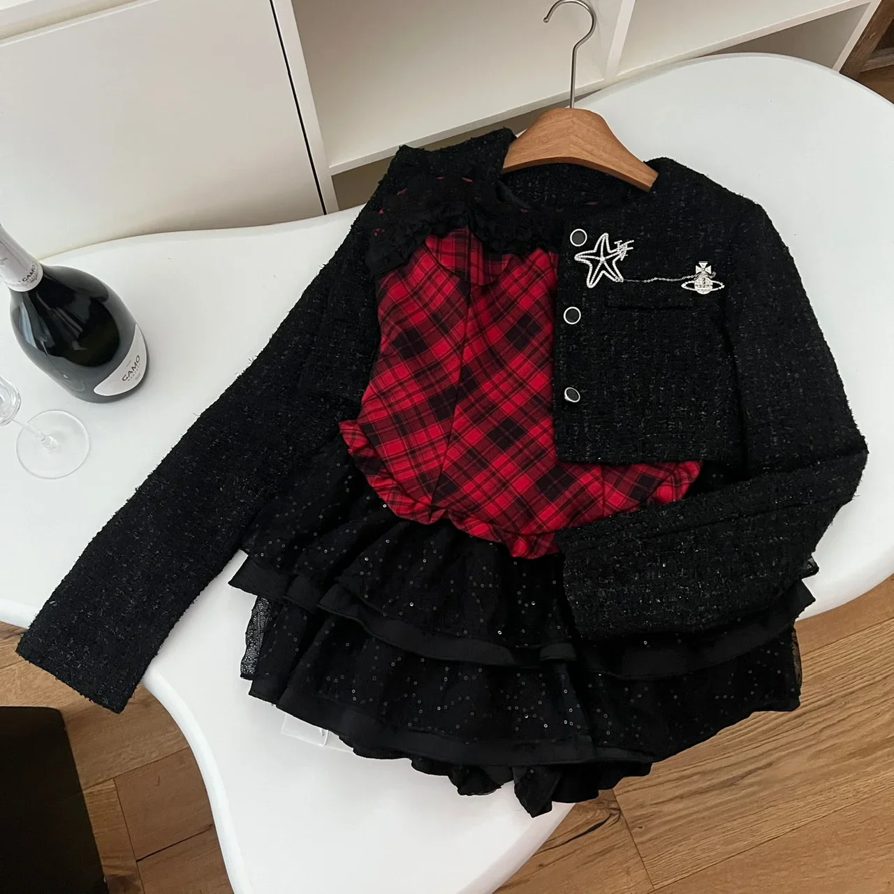 Winter Y2k Sexy Elegant 2 Piece Sets Woman Chic Short Coat + Plaid Fluffy Vintage Dress Female Korean Fashion Retro Suits 2025