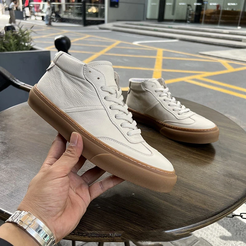 Men's European Style High Top Sneakers, Thermal Lined Black Genuine Leather Casual Shoes for Autumn Winter, Trendy & Versatile