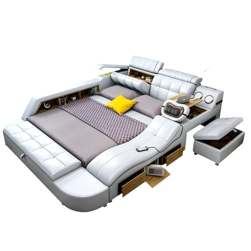 

-New design multifunctional massage leather bed large storage space rechargeable modern bed with Bluetooth sound