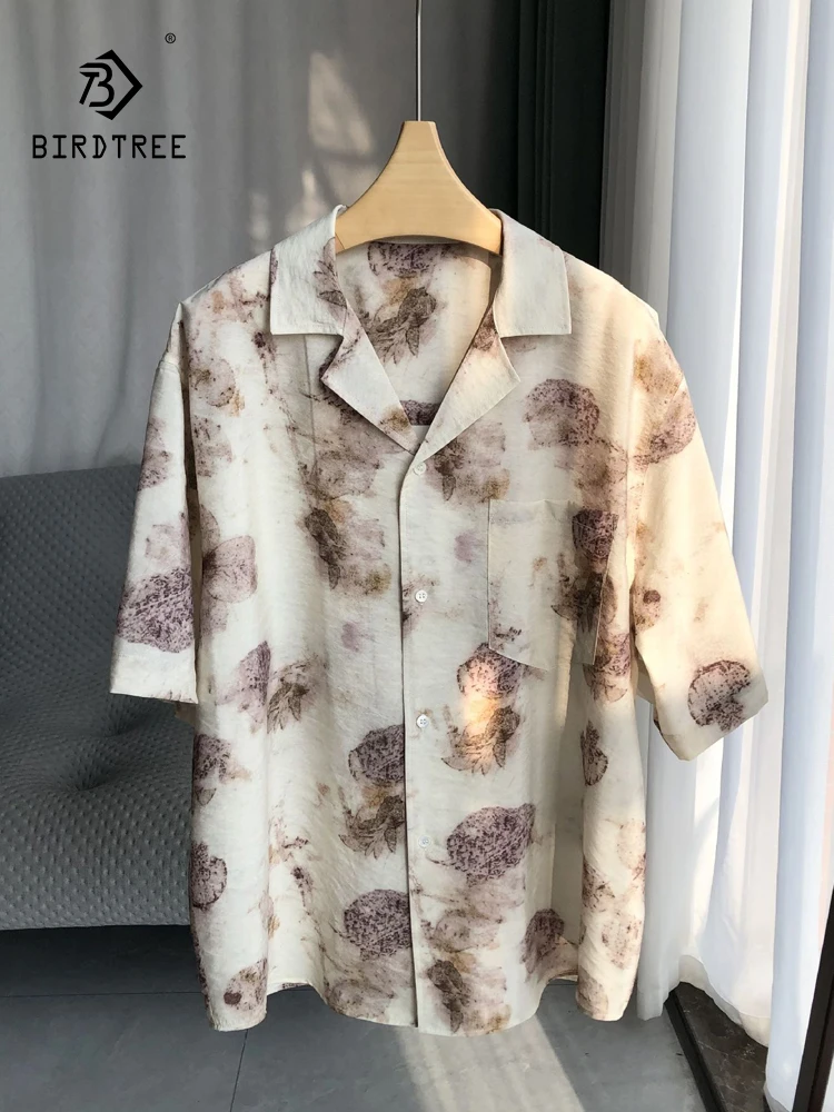 

BirdTree, 76%Real Silk Elegant Shirt, Women Short Sleeve Lapel Withered Rose, Retro Literature OL Blouse, 2024 Summer T458135QC