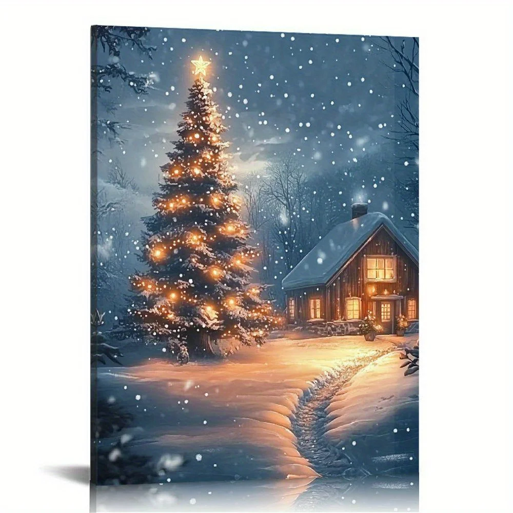 Cadre en toile de paysage de neige d'hiver, peinture murale de village de Noël, éclairage de chalet de nuit enneigé, décoration d'art, ambiance hivernale chaude, 1PC