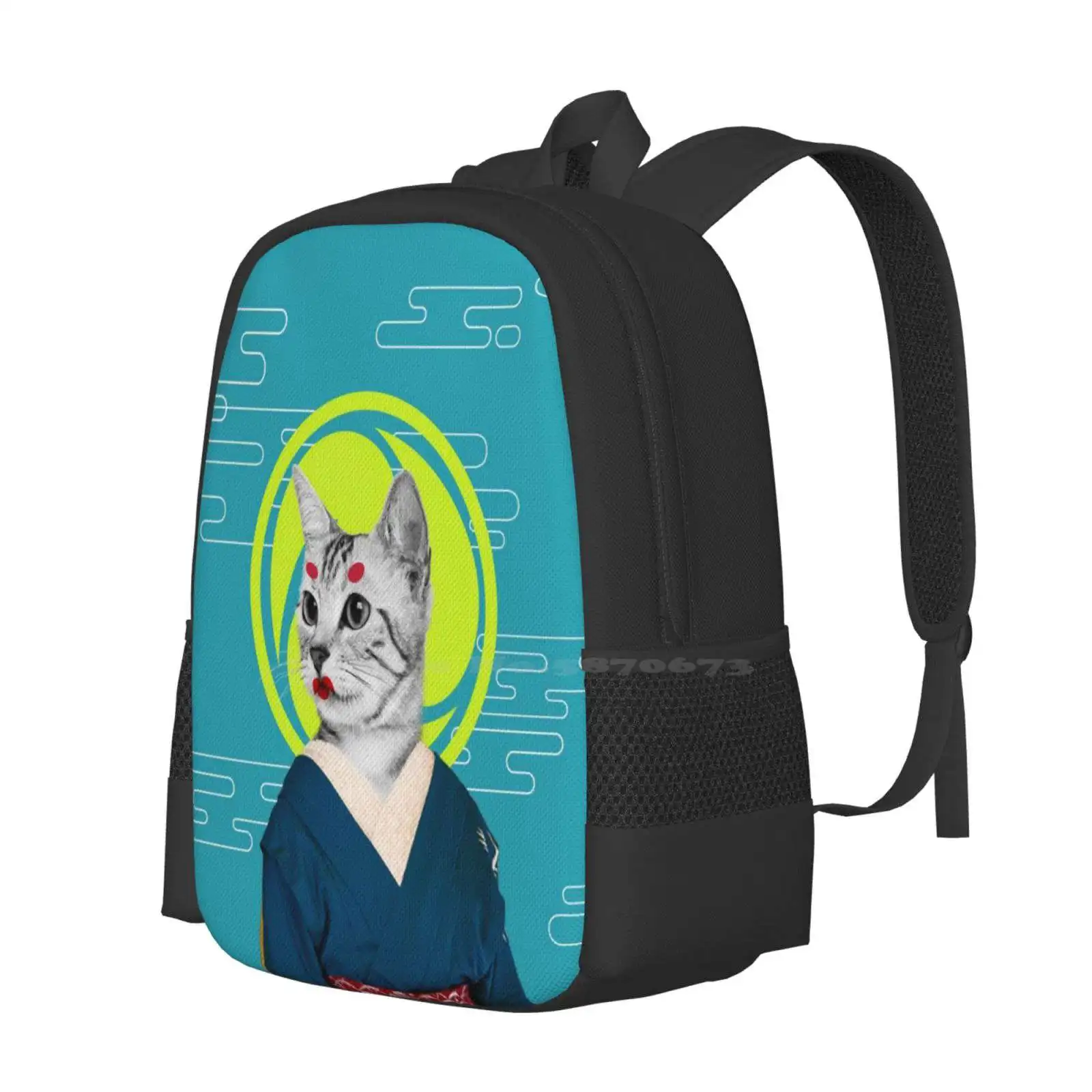 Geisha Cat Hot Sale Schoolbag Backpack Fashion Bags Cat Geisha Japanese Style Cloud Blue Green Red White