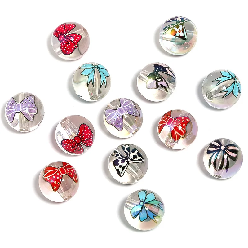 

Wholesale 100pcs 16mm Transparent Solid Colors Round Gumball Beads With Colorful Ribbon Bow Painting Ornament Accessories Spacer