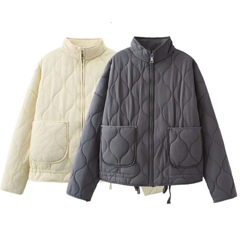 

Женская хлопковая верхняя одежда, куртка с воротником-стойкой, брюки с двойным клапаном и карманами, стеганые с длинными рукавами, осенне-зимние новые товары