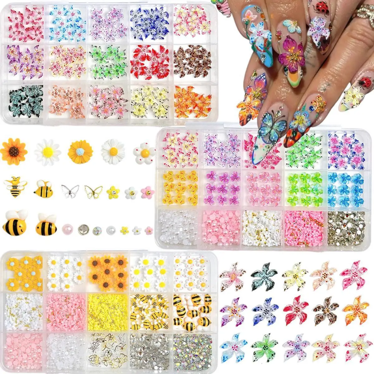 

1Box Colorful Creative Windmill Flower Cute Bee Resin Nail Art Charms Transparent Blossoms Mini Butterfly Nail Decorations DIY
