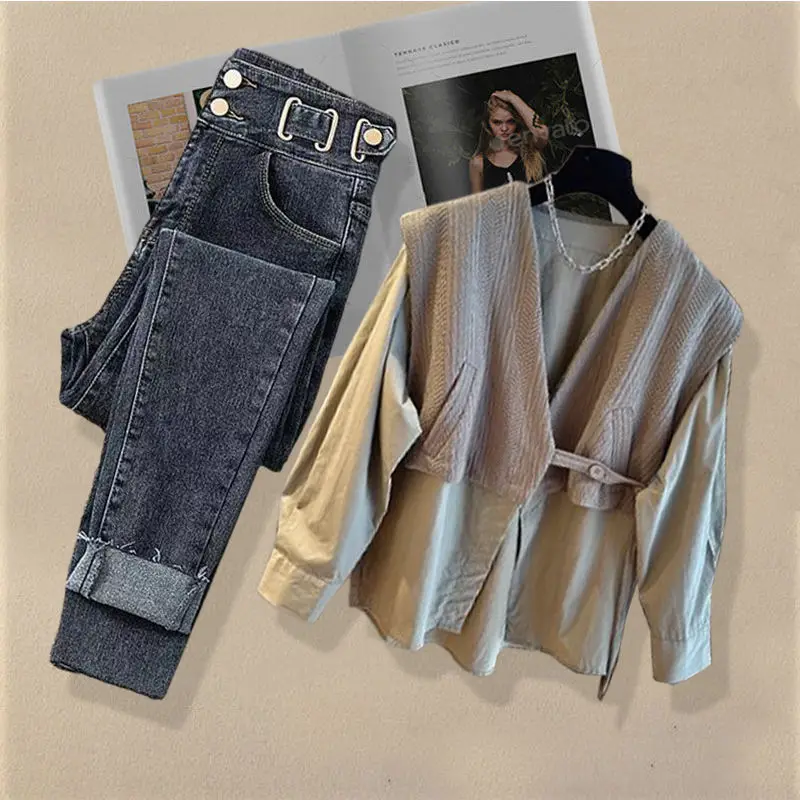 Frühling und Herbst Mode Damen Set neue gefälschte zweiteilige koreanische Edition Shirt Damen Look dünne vielseitige Jeans zweiteiliges Set