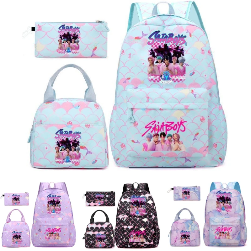 

3PCS K-pop Demon Backpacks Hunters Cartoon Anime Schoolbag Lunch Bag Travel Gradient Mochilas Popular Candy Color Backpack