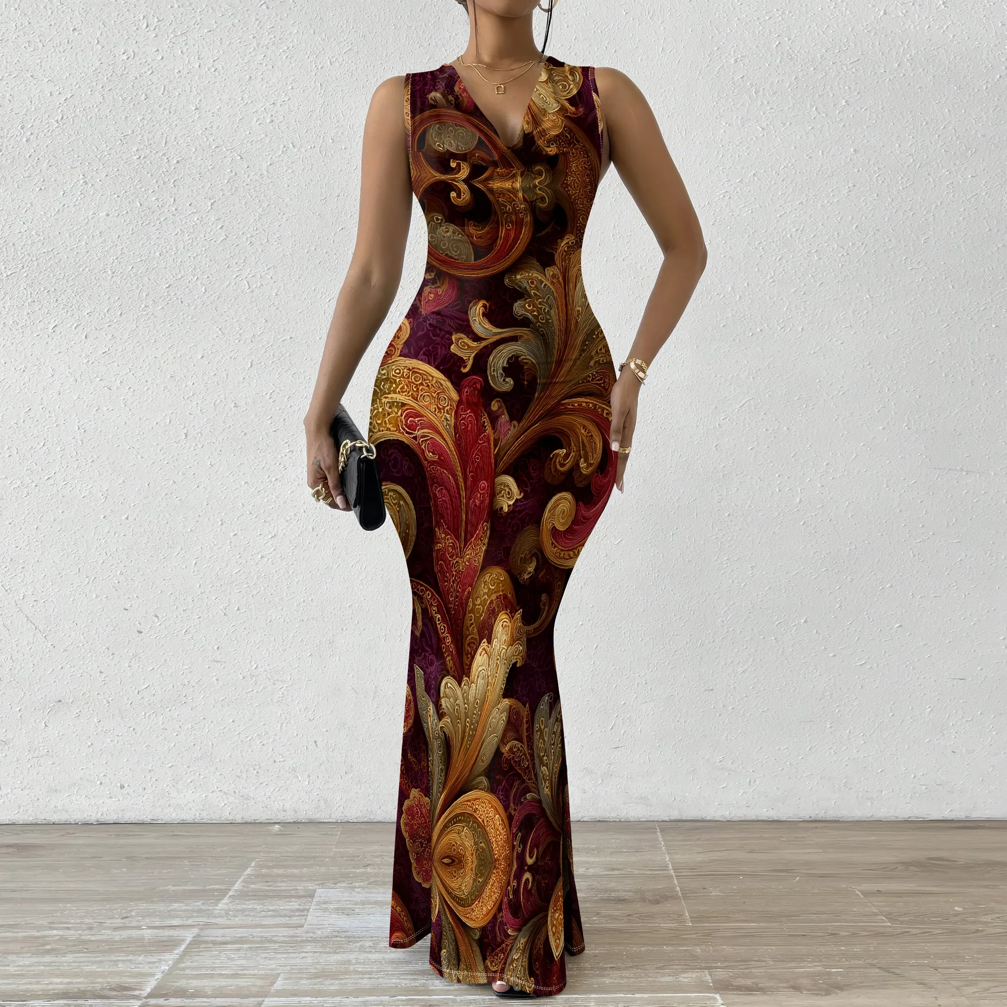 

Elegant Burgundy Gold Baroque Print Maxi Dress XS-2XL V-Neck Sleeveless Fish Tail Style for Gala, Evening Party or Holiday Look