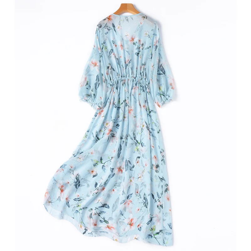 Women Dress 100% Mulberry Silk Sexy Transparent Blue Floral Print V neck Ruffle High waist Belted Waist Midi Dress M1328
