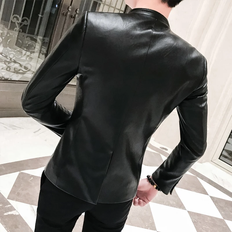 2024 Men\'s Solid Black Slim Suit Jacket High Quality PU Leather Jacket Men\'s Business Casual Prom Blazer Men\'s Korean Blazer