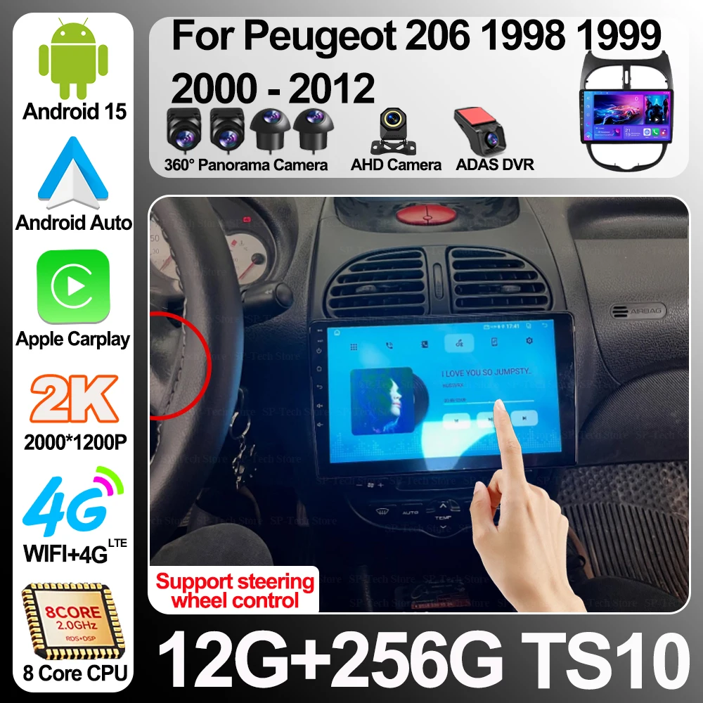 Rádio Automotivo para Peugeot 206 1998 1999 2000 - 2012 com Carplay Sem Fio, Android 16, Sistemas Inteligentes Automotivos, Sem DVD 2 Din, Wifi