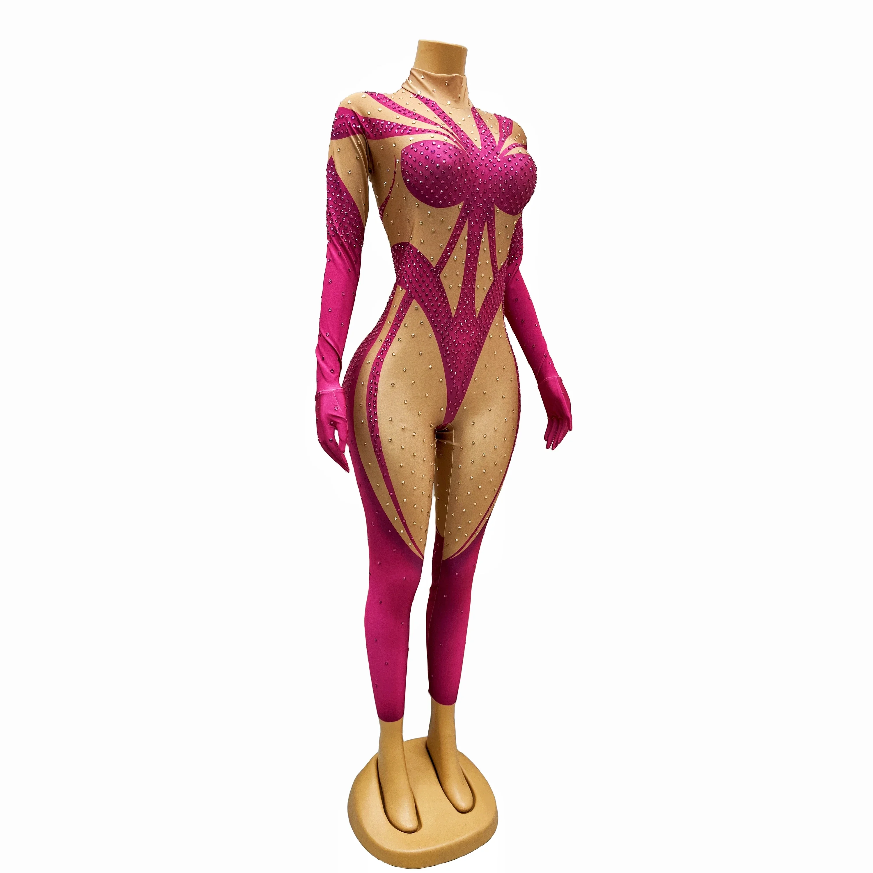 Bodysuit de strass rosa brilhante com luvas elásticas, traje de noite, macacão sexy, mangas compridas, comemoração de aniversário, Wenzi