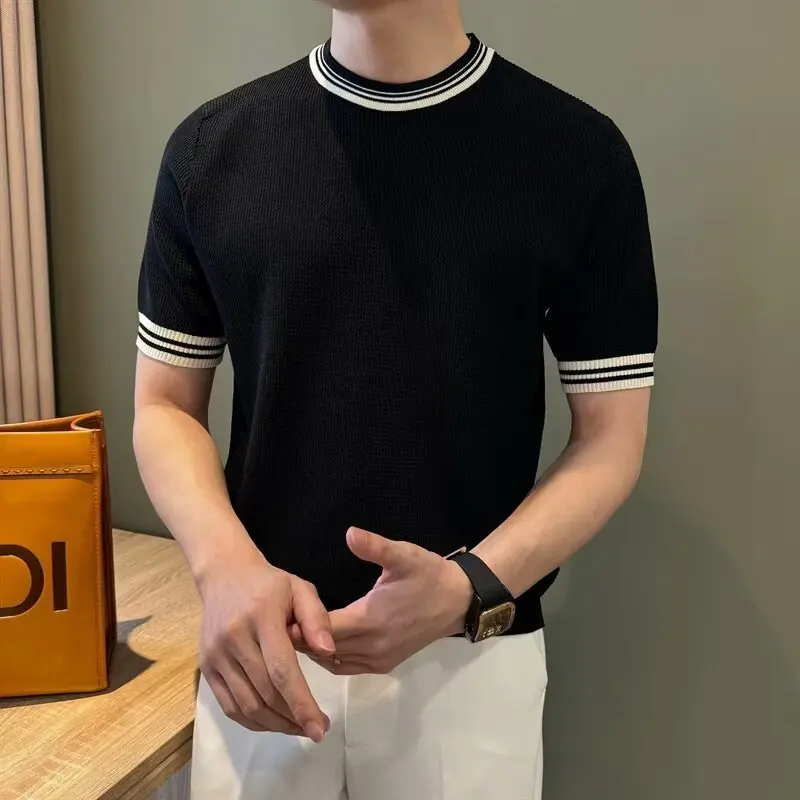 Summer Light Mature Style Men'S Casual Short Sleeve Knitted Shirt Retro Color Block Business Design Men'S-Shirt Top