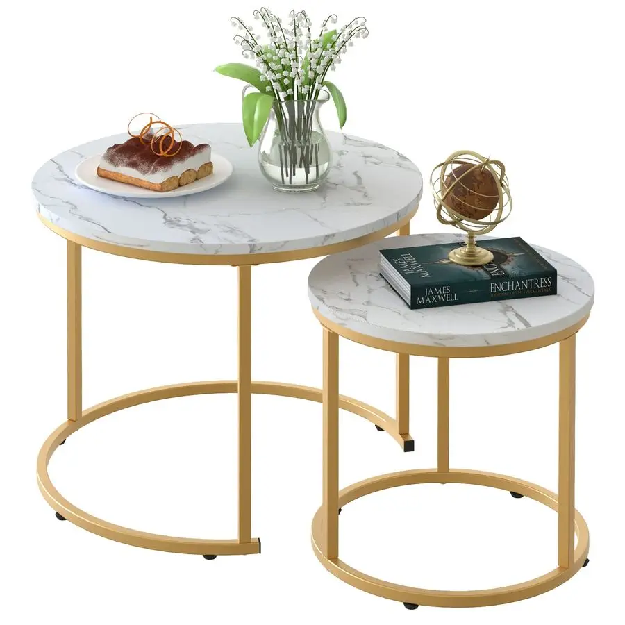

Coffee Table Nesting White Set of 2 Side Set Golden Frame Circular Round and Marble Pattern Wooden Tables, Living Room Bedroom