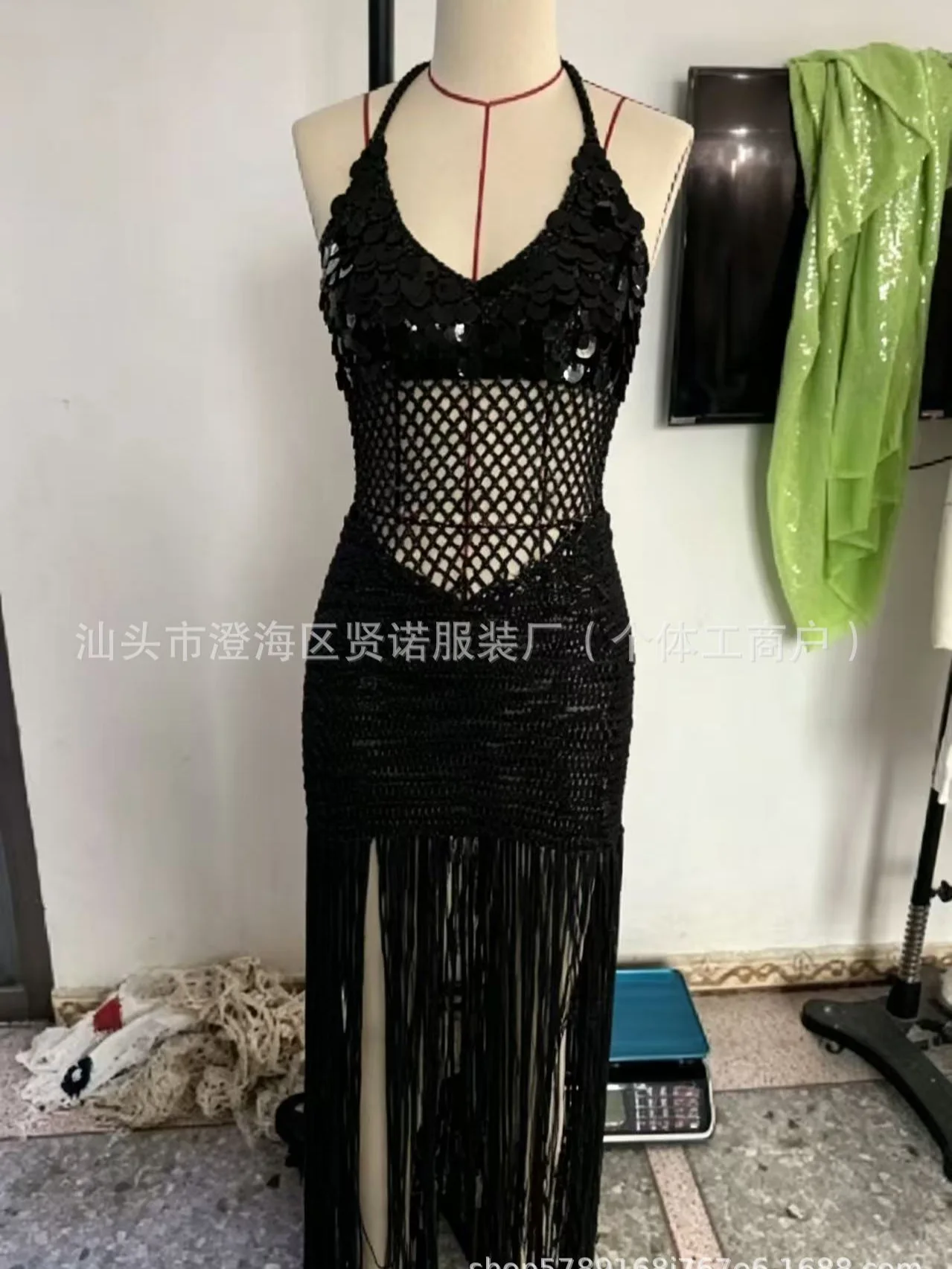 Women Halter Sequin Crochet Mesh Maxi Dress V Neck Sleeveless Fringe Tassel Hollow Out Party Evening Bodycon Dress