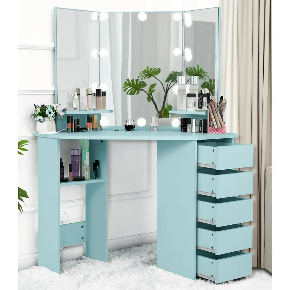 Corner Makeup Vanity Desk with Lights - Makeup Table with Lighted Mirror 3 Lighting Options, 5 Drawers and Storage Shelves