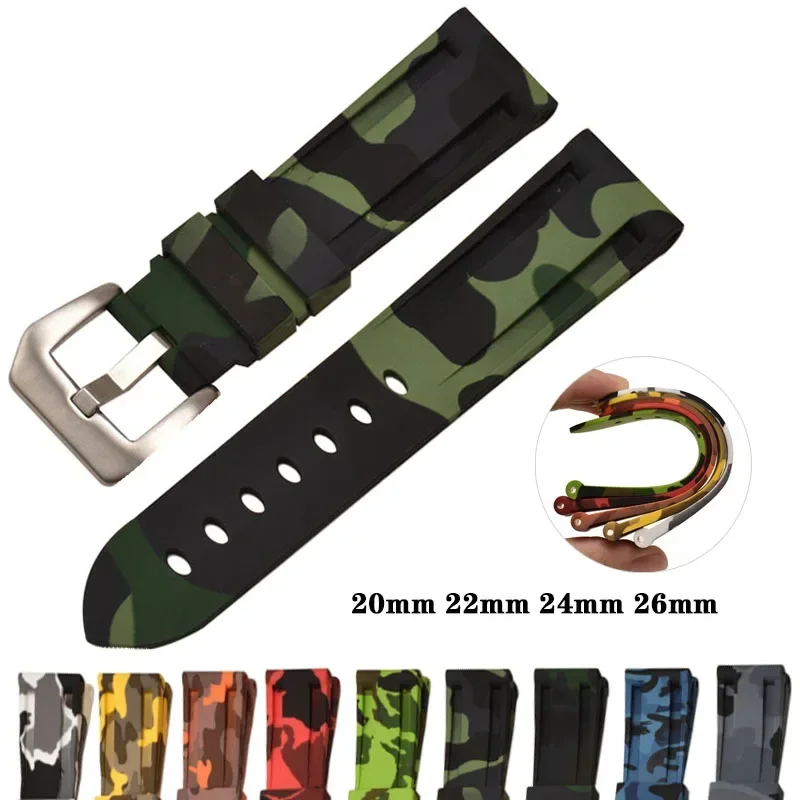 Universal 20mm 22mm 24mm 26mm Silicone Watch Strap Camouflage Rubber Bracelet Sport Replacement Watch Band for Men Wrist Band