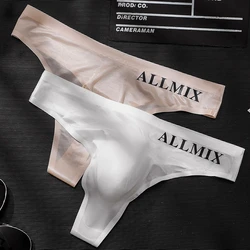 Men's Sexy Seamless Transparent Thin Ice Silk Letters Thongs Panties Underwear Cock Pouch G-string