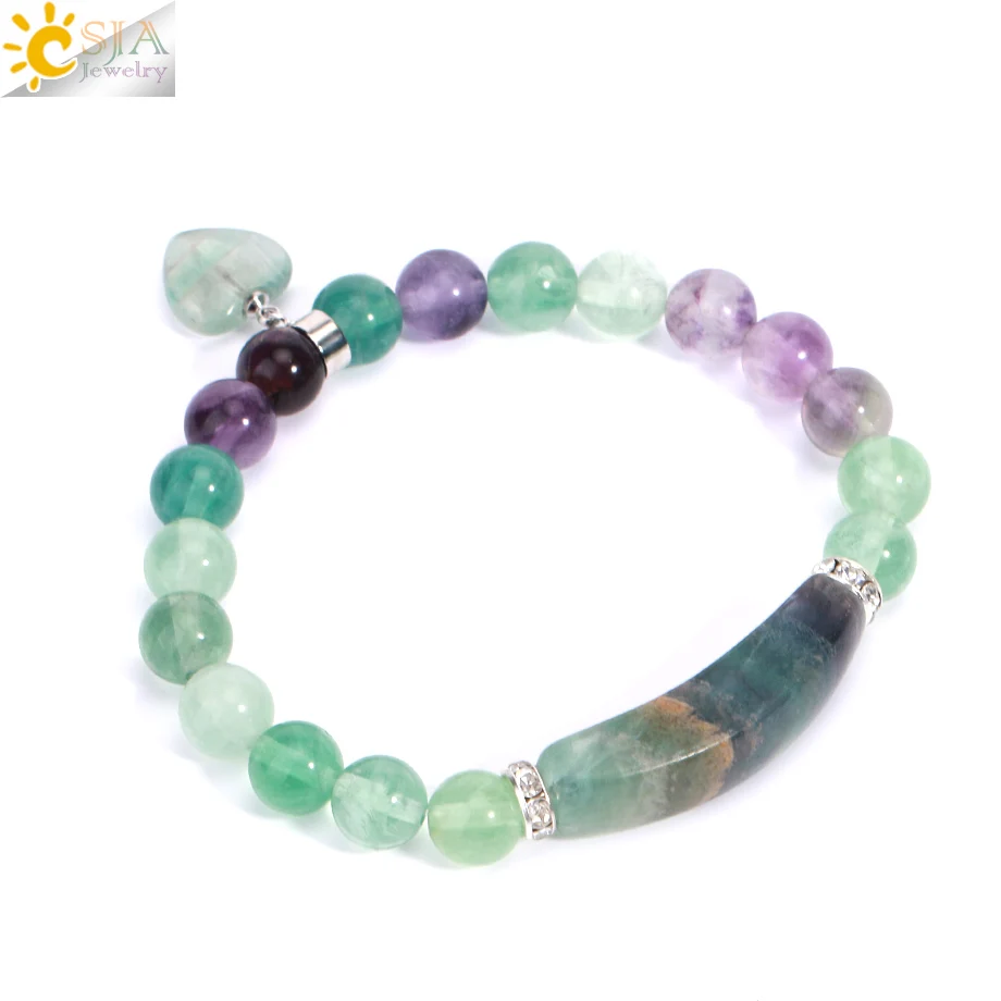 CSJA Reiki Fluorite Crystal Bracelet Natural Stone 8mm Beads Bangle Heart Charm Lucky Stretchy Mala Bangles Healing Jewelry H176