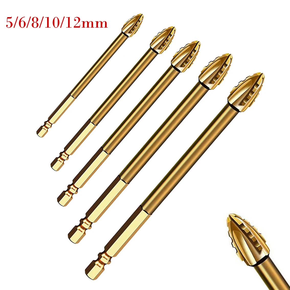 5pcs 5-12mm Four-Flute Eccentric Drill Bit Glass Tile Punching Triangle Drill Bit For Drilling Cement Granite Concrete