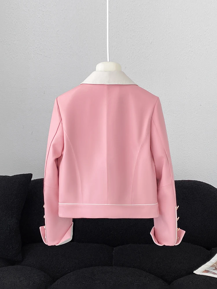 سترة نسائية من الجلد الطبيعي قصيرة للربيع والخريف وطية صدر فنية بقصة ضيقة من جلد الخراف وجيوب واحدة باللون الوردي #2