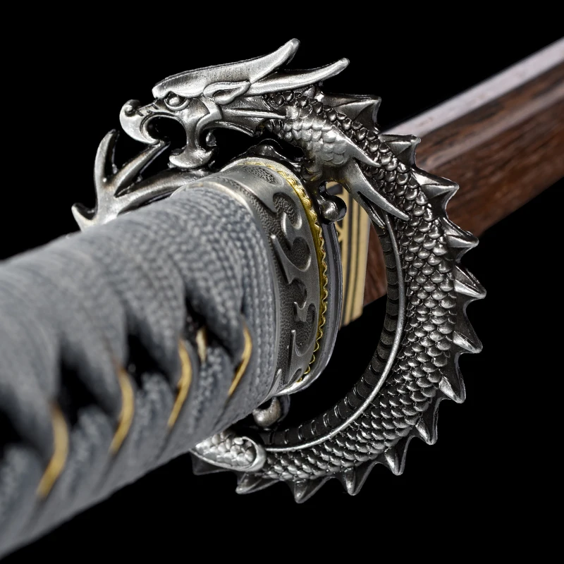 41 Inch Real Japanese Samurai Wooden Katana Style Cosplay Training Prop Silver Dragon Tsuba Decoration Full Size Can Custom