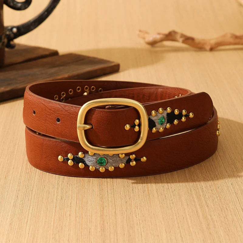 New Cowgril Beads Rhinestone PU Leather Women Belt Fashion Punk Rivet Jeans Belt for Ladies
