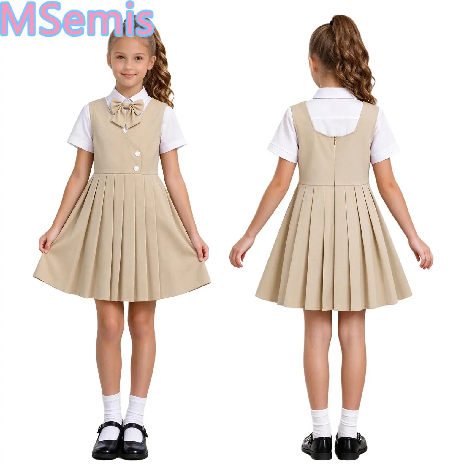 Kid Girls School Uniform Pleated Jumper Dress Bowtie Short Sleeve Button Shirt with Zipper Tank Dress for Recitation Performance