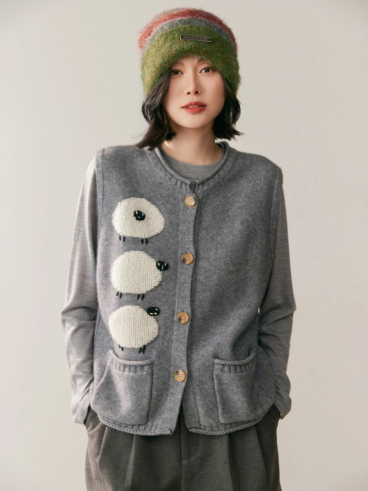 Outono inverno feminino dos desenhos animados bordado colete de malha 100% camisola de caxemira sem mangas colete cardigan macio estilo doce topos