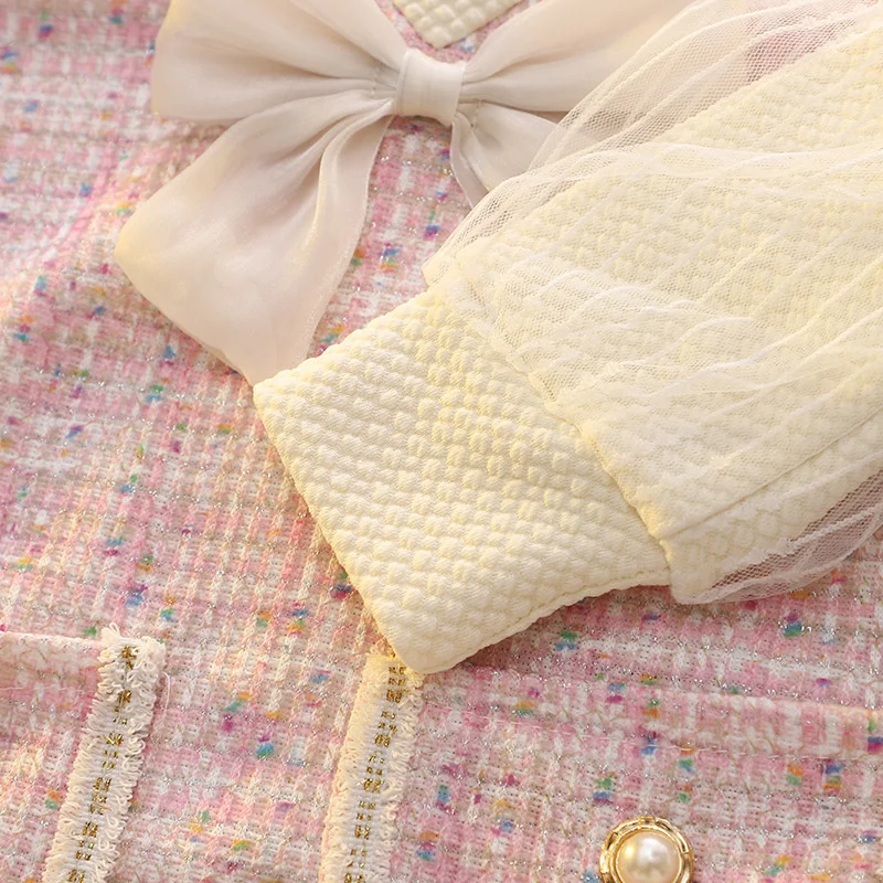 1-5Y New Spring Autumn Dresses For Baby Girls Cute Bow Mesh Plaid Long Sleeve Princess Dress