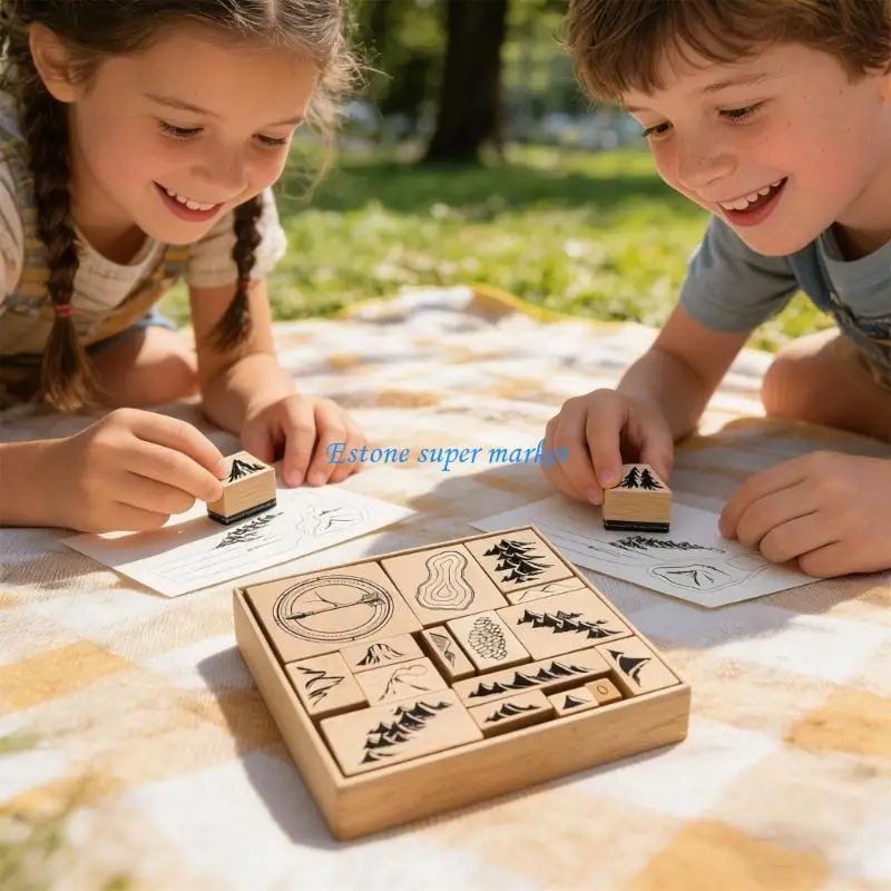090B 16Pcs Wooden Stamps Landscape Themed Stamp for Kids Art Craft Journaling Scrapbooking Card Making and Gift Packaging