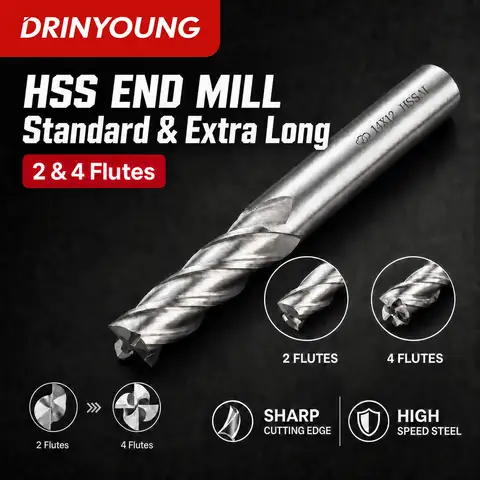 DRINYOUNG HSS Straight Shank End Mill - 2F 4F Regular and Extended, CNC Milling Tool for Metalworking, High Speed Steel Cutter