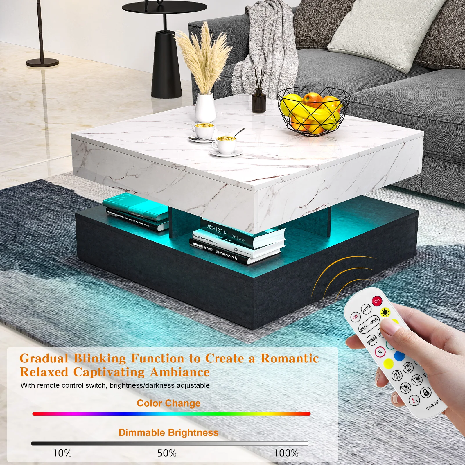 2-Tier Nordic Living Room Coffee Tables Modern Design Decor LED Square Coffee Tables Minimalist Home Furniture Center Table ﻿