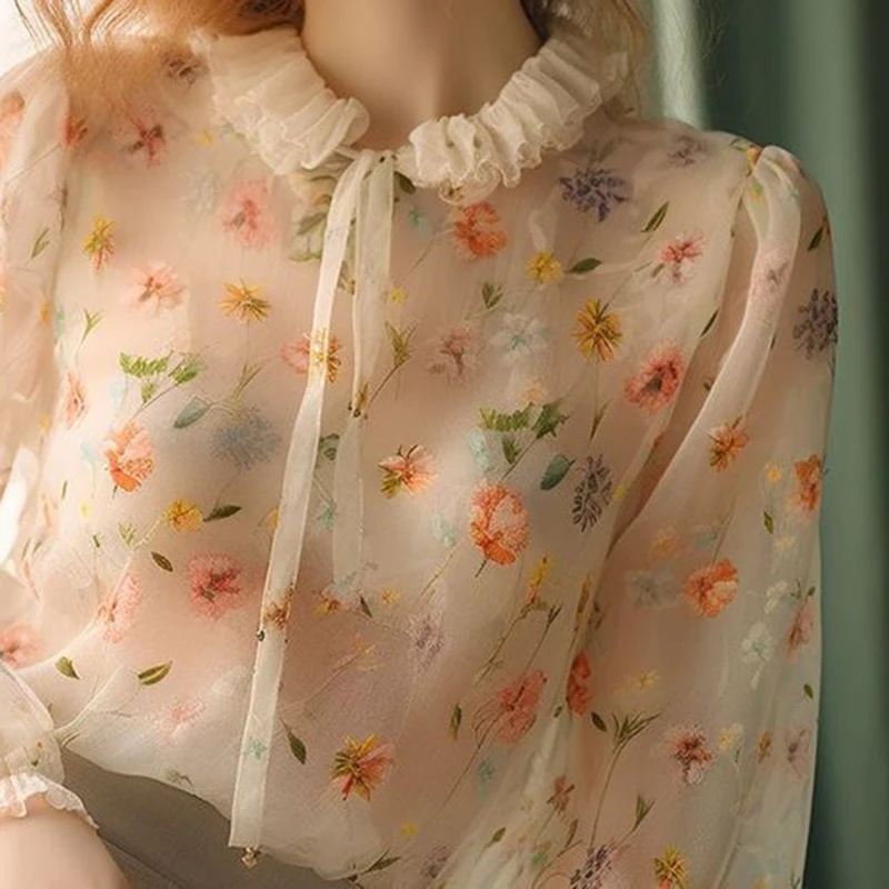 blouse women Chiffon women\'s summer 2024 new sweet short lace printed floral shirt lantern sleeve top