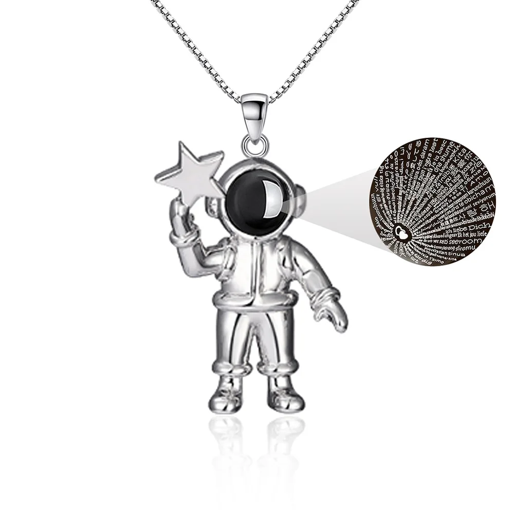 925 Sterling Silver Fashion I Love You in One Hundred Languages Cosmic Astronaut Projection Stone Pendant Necklace Birthday Gift